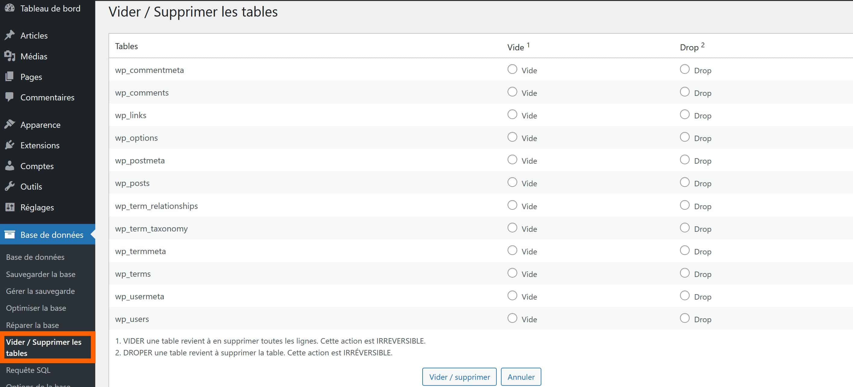 vider ou supprimer des tables dans la bdd WordPress