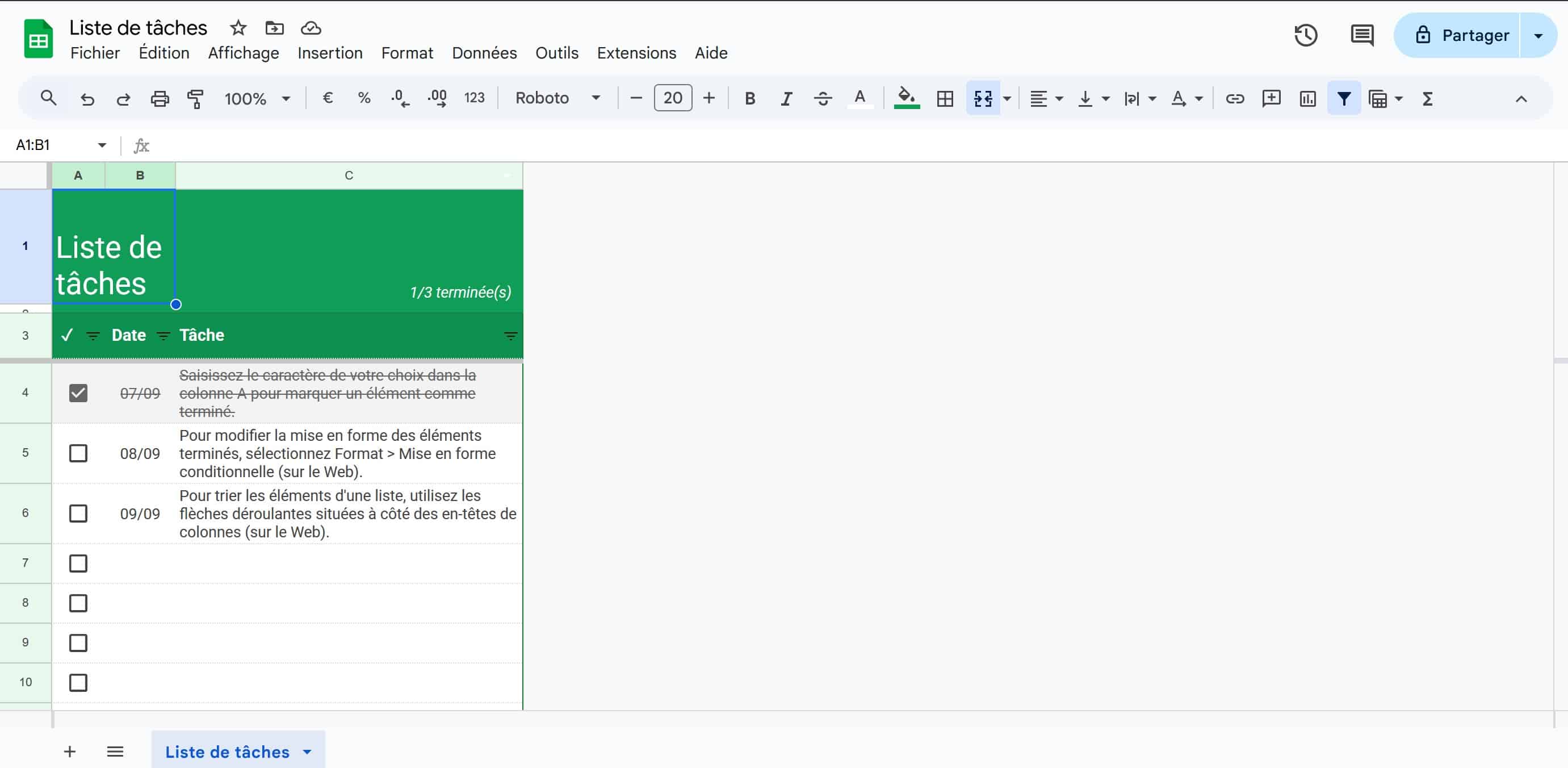 liste de taches google sheets