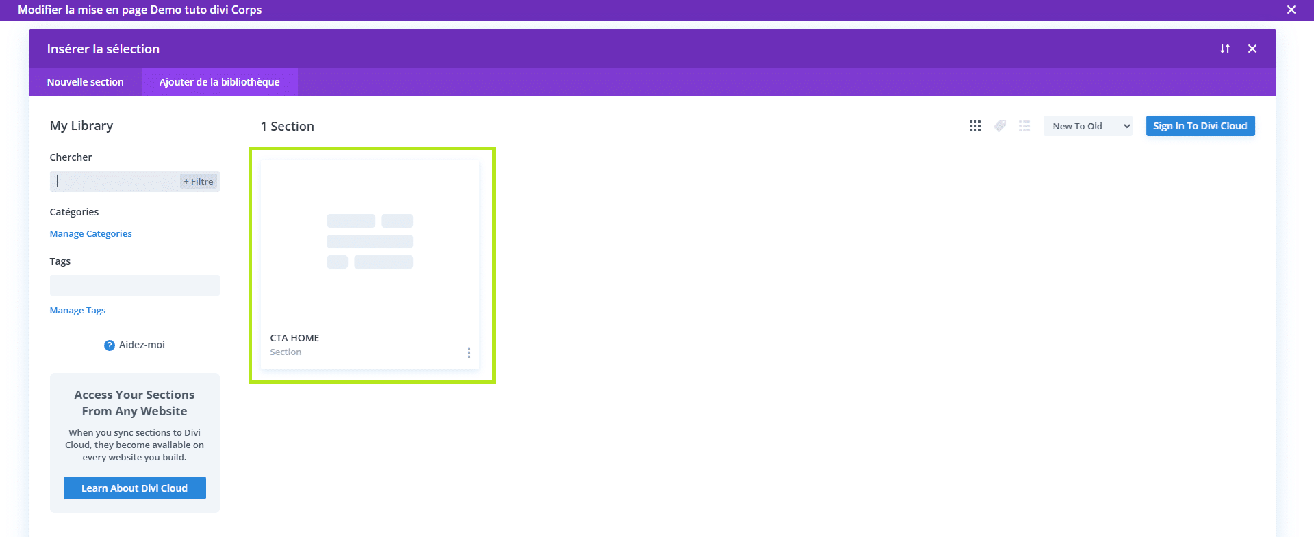 selection layout divi library
