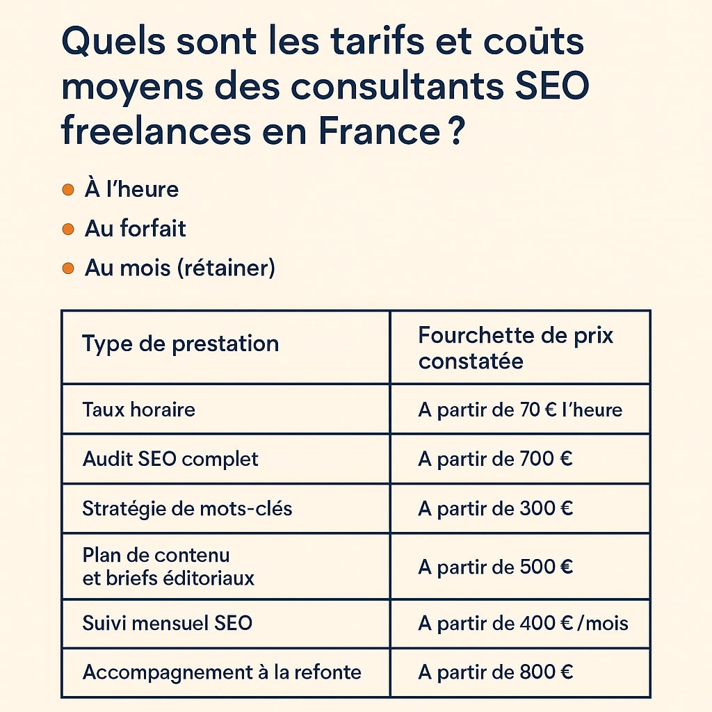 tarifs moyens consultant SEO freelance france
