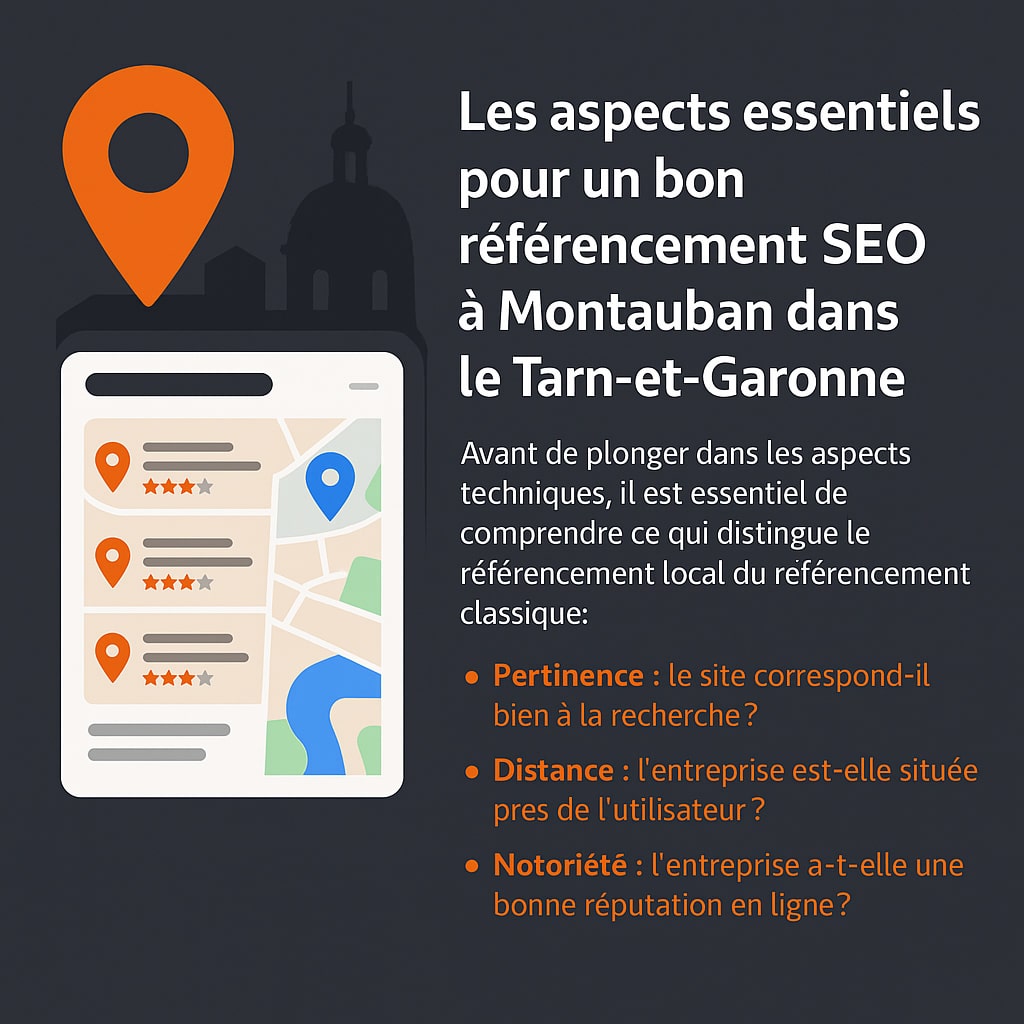 Les aspects essentiels pour un bon référencement SEO à Montauban dans le Tarn-et-Garonne Avant de plonger dans les aspects techniques, il est essentiel de comprendre ce qui distingue le référencement local du référencement classique. À Montauban, comme ailleurs, il s’agit de positionner un site web dans les résultats de recherche pour des requêtes géolocalisées, telles que « plombier Montauban », « avocat Tarn-et-Garonne » ou « boulangerie 82000 ». Google utilise plusieurs signaux pour déterminer la pertinence d’un résultat local : La pertinence : le site correspond-il bien à la recherche ? La distance : l’entreprise est-elle située près de l’utilisateur ? La notoriété : l’entreprise a-t-elle une bonne réputation en ligne (avis, citations, mentions) ? À Montauban, où les recherches de services de proximité sont fréquentes, apparaître dans le pack local de Google (les 3 fiches qui s’affichent sous la carte) peut générer un trafic qualifié immédiat. C’est d’autant plus vrai pour les commerces du centre-ville, situés par exemple autour de la place Nationale, de l’Allée de l’Empereur ou dans les rues commerçantes comme la rue de la République ou la rue Bessières. Ces zones concentrent une forte activité piétonne et touristique, notamment grâce à la présence du Musée Ingres Bourdelle, de la Cathédrale Notre-Dame-de-l’Assomption, ou encore des berges du Tarn. Le référencement local prend une dimension particulière dans une agglomération comme le Grand Montauban, qui regroupe plusieurs communes dynamiques : Albefeuille-Lagarde, Bressols, Corbarieu, Lamothe-Capdeville, Montbeton, Saint-Nauphary, entre autres. Une entreprise implantée à Montbeton ou à Bressols peut tout à fait viser une visibilité sur « Montauban », tant les bassins de vie sont imbriqués et les zones d’activités économiques partagées. Les quartiers périphériques comme Villebourbon, Beausoleil, Falguières ou la zone d’activités Albasud concentrent également de nombreuses PME, artisans, auto-entrepreneurs et professionnels du bâtiment. Y être visible sur Google local, notamment via Google Business Profile et un site bien optimisé, permet de capter une clientèle de proximité, qu’elle soit locale ou de passage. Les zones stratégiques autour de la Gare SNCF de Montauban-Ville-Bourbon, de l’hôpital de Montauban, ou encore du Parc Aussonne, sont aussi des points d’intérêt importants à prendre en compte dans une stratégie de contenu localisé. Mentionner ces lieux sur son site internet, dans les pages de service ou de contact, envoie un signal clair à Google sur la zone géographique desservie. En intégrant ces références géographiques locales dans le contenu de votre site (que ce soit sous forme de descriptions de zones desservies, d’exemples de chantiers réalisés ou de témoignages clients) vous augmentez vos chances d’être identifié comme un acteur implanté localement par les moteurs de recherche. Le référencement local à Montauban s’appuie donc autant sur une bonne stratégie technique que sur une connaissance fine du tissu local. Il ne s’agit pas seulement d’apparaître sur Google, mais d’y apparaître comme un professionnel pertinent, proche, fiable et reconnu dans les rues et quartiers que les internautes de la région connaissent bien.
