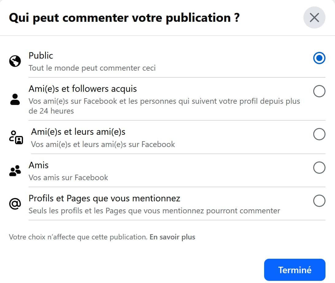 choisir qui peut commenter la publication
