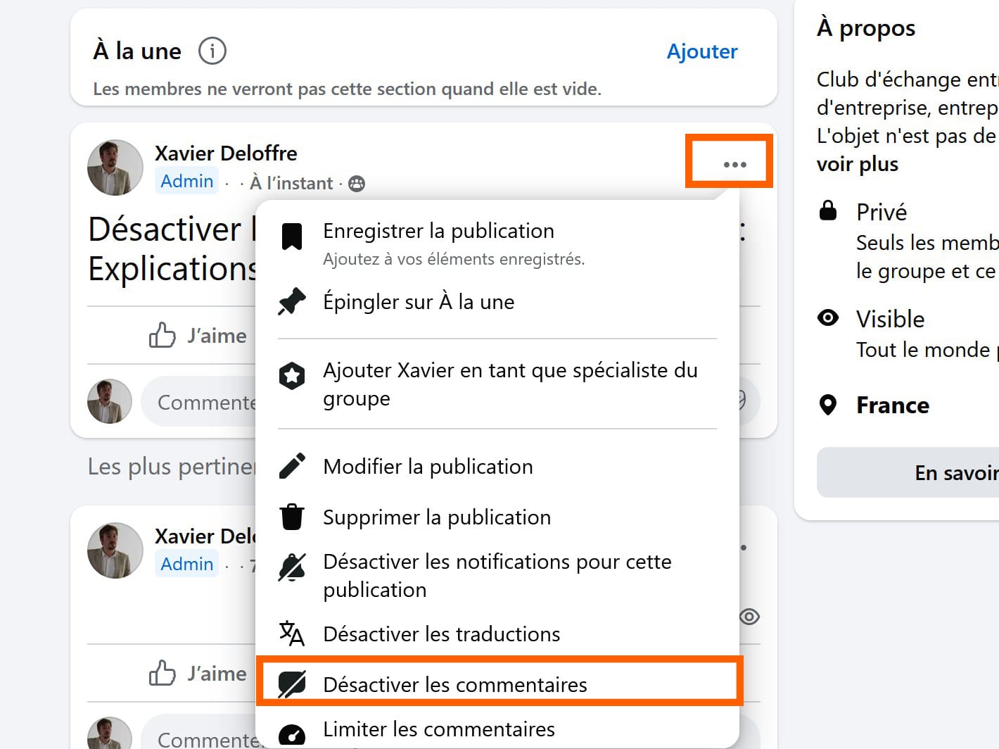 desactiver les commentaires groupe facebook