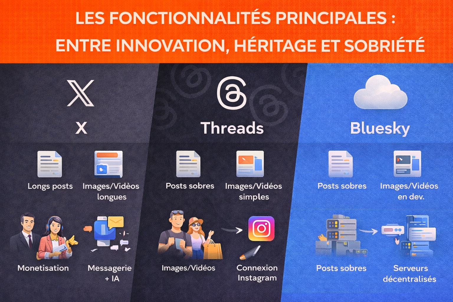 fonctionnalites principales x trheads et bluesky