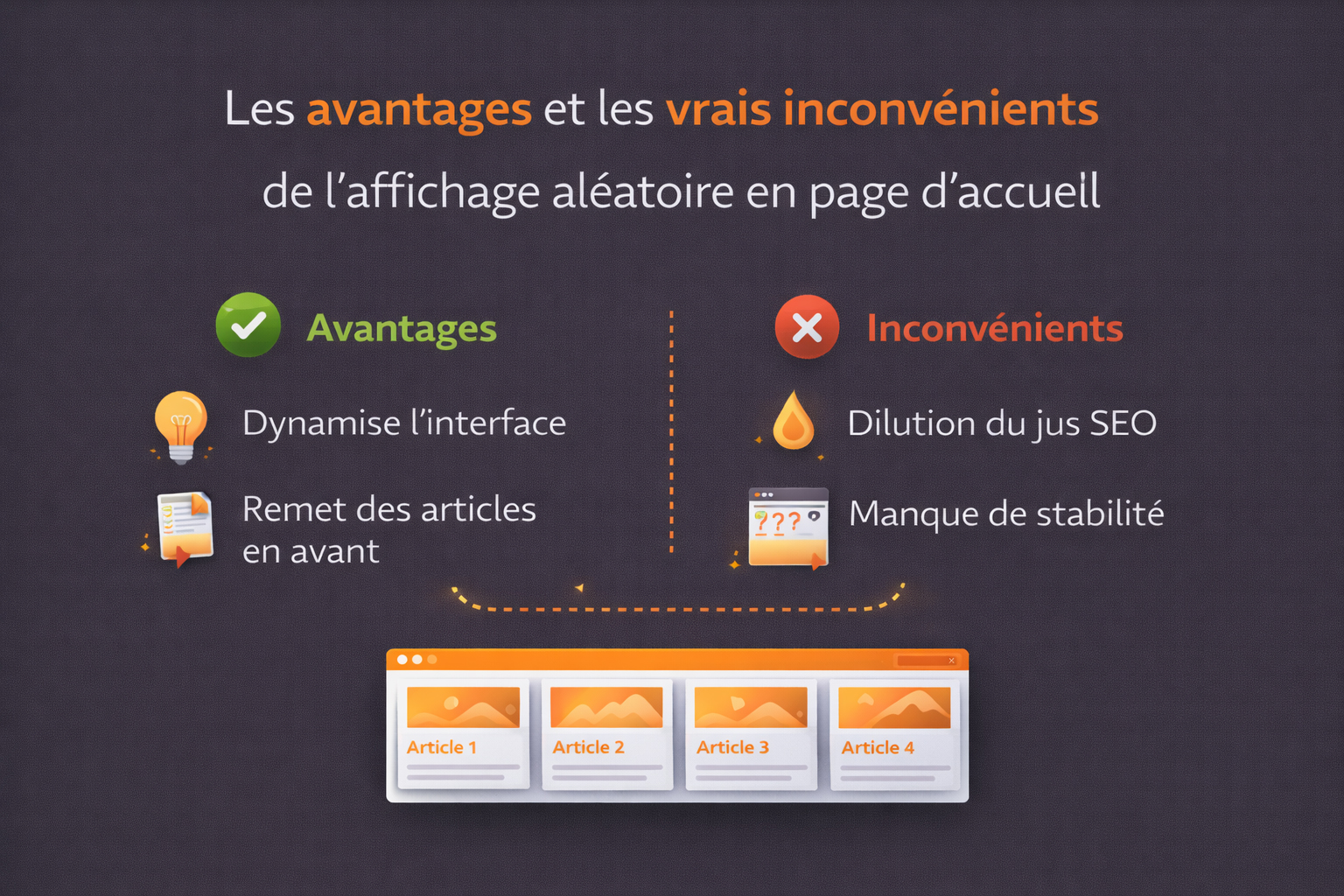 avantages et inconvenients articles aleatoires SEO page d'accueil