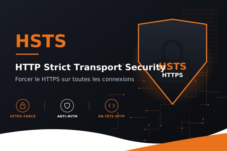 HSTS illustration avec bouclier sécurisé et texte expliquant forcer HTTPS sur toutes connexions