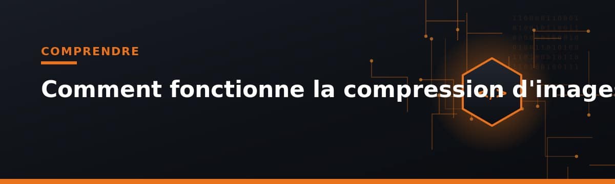 Bannière expliquant comment fonctionne la compression d'image avec icône hexagonale et code binaire