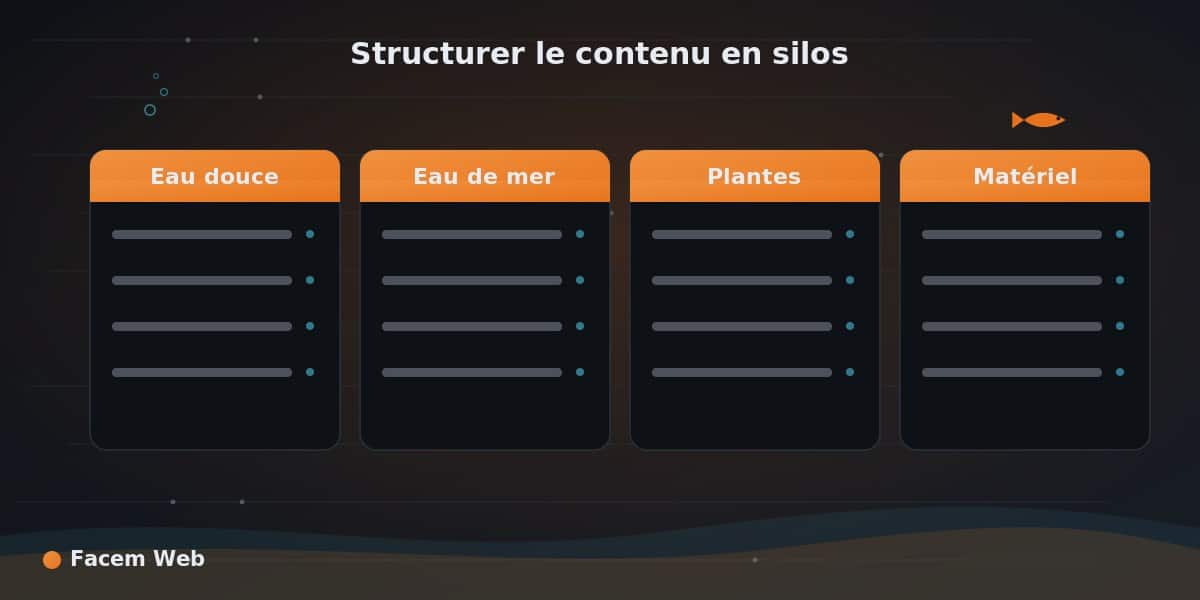 Organisation de contenu en silos pour un site spécialisé en aquariophilie avec catégories eau douce, eau de mer, plantes et matériel